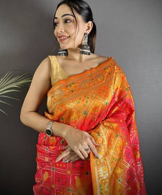 pastel orange soft silk blend geomatric zari woven patola saree 4