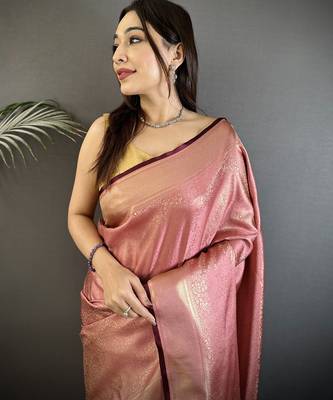 dusty pink satin silk blend floral motifs & ethnic silver zari design kanchipuram saree 4