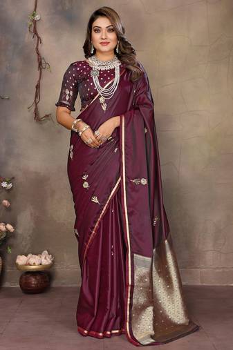 maroon satin silk blend floral & botanical motifs zari woven banarasi saree