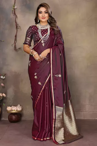 maroon satin silk blend floral & botanical motifs zari woven banarasi saree