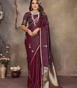 maroon satin silk blend floral & botanical motifs zari woven banarasi saree