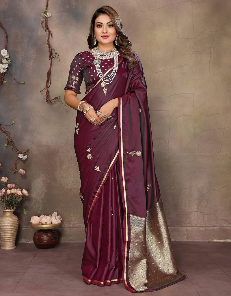 maroon satin silk blend floral & botanical motifs zari woven banarasi saree