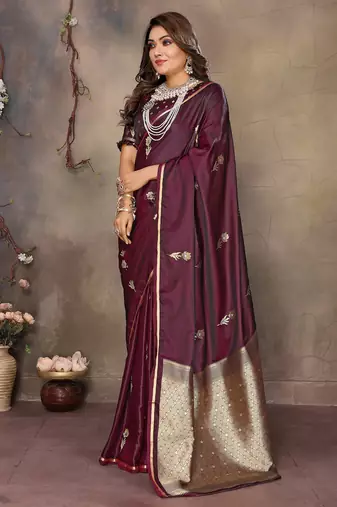 maroon satin silk blend floral & botanical motifs zari woven banarasi saree