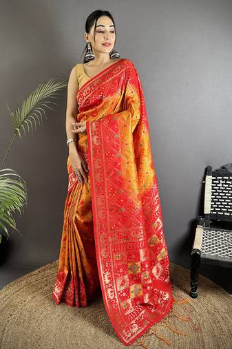 yellow & red soft silk blend geomatric zari woven patola saree