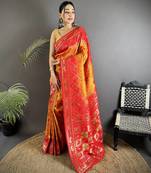 yellow & red soft silk blend geomatric zari woven patola saree