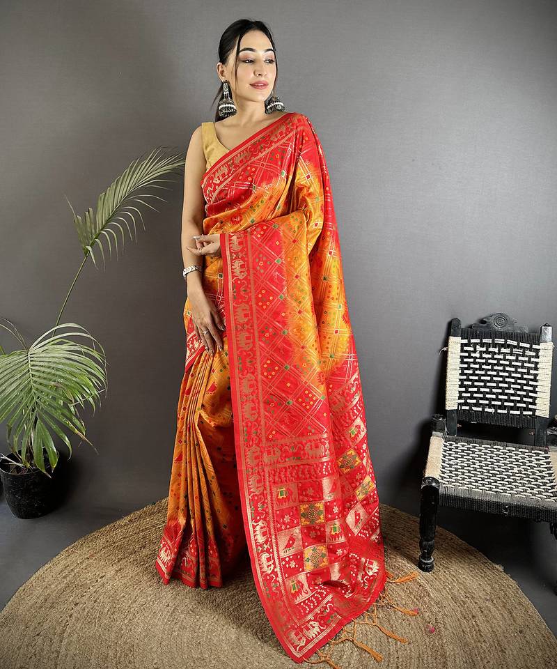 yellow & red soft silk blend geomatric zari woven patola saree