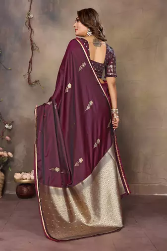 maroon satin silk blend floral & botanical motifs zari woven banarasi saree