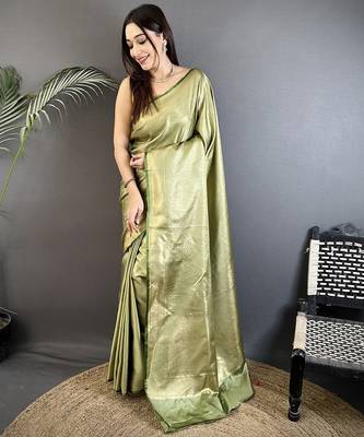 sage green satin silk blend floral motifs & ethnic silver zari design kanchipuram saree 1