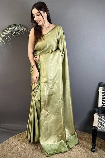 sage green satin silk blend floral motifs & ethnic silver zari design kanchipuram saree