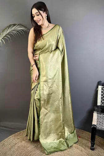 sage green satin silk blend floral motifs & ethnic silver zari design kanchipuram saree