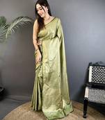 sage green satin silk blend floral motifs & ethnic silver zari design kanchipuram saree
