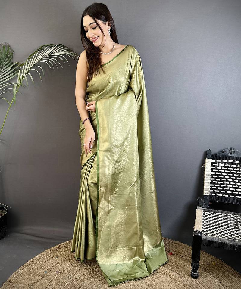 sage green satin silk blend floral motifs & ethnic silver zari design kanchipuram saree