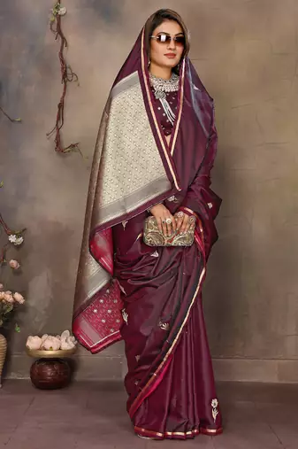 maroon satin silk blend floral & botanical motifs zari woven banarasi saree