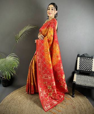 yellow & red soft silk blend geomatric zari woven patola saree 2