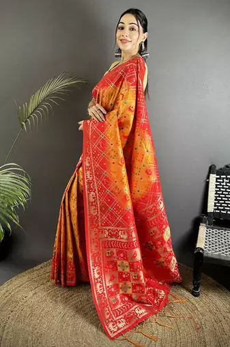 yellow & red soft silk blend geomatric zari woven patola saree