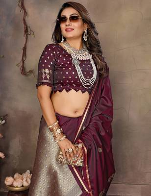 maroon satin silk blend floral & botanical motifs zari woven banarasi saree 6