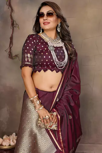 maroon satin silk blend floral & botanical motifs zari woven banarasi saree