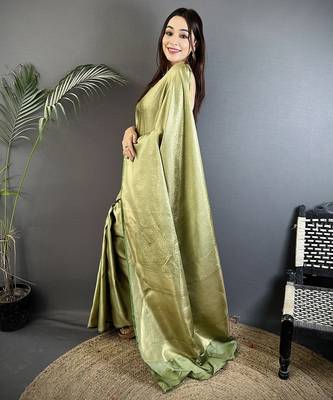 sage green satin silk blend floral motifs & ethnic silver zari design kanchipuram saree 3
