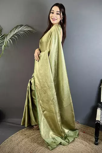 sage green satin silk blend floral motifs & ethnic silver zari design kanchipuram saree