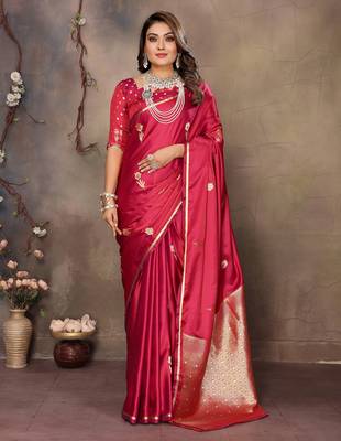 red satin silk blend floral & botanical motifs zari woven banarasi saree 1