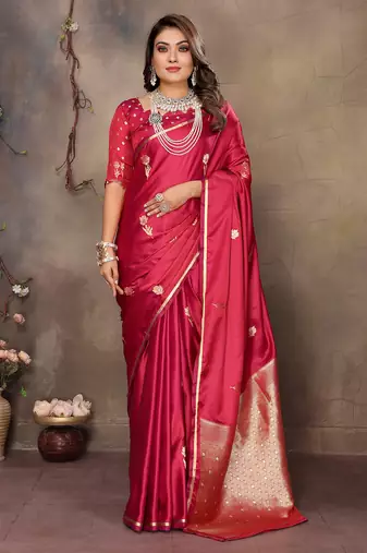 red satin silk blend floral & botanical motifs zari woven banarasi saree