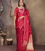 red satin silk blend floral & botanical motifs zari woven banarasi saree