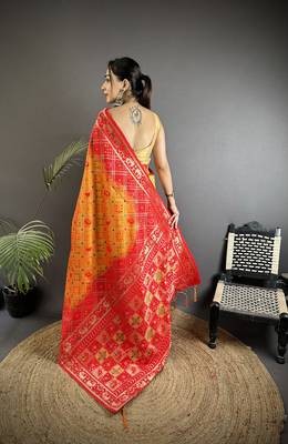 yellow & red soft silk blend geomatric zari woven patola saree 3
