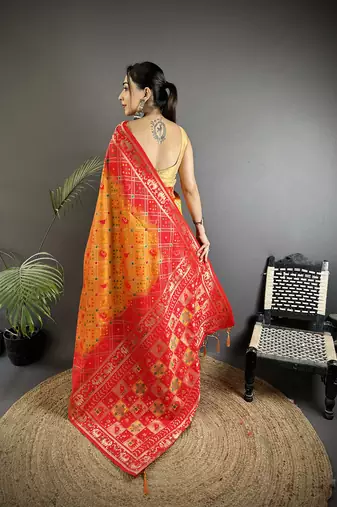 yellow & red soft silk blend geomatric zari woven patola saree