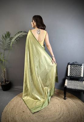 sage green satin silk blend floral motifs & ethnic silver zari design kanchipuram saree 4