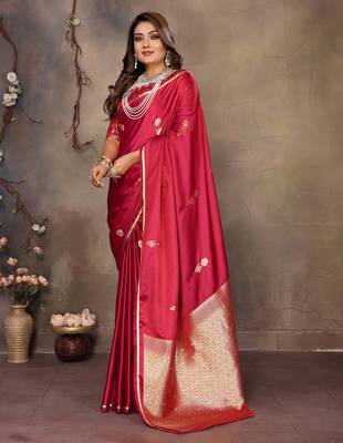red satin silk blend floral & botanical motifs zari woven banarasi saree 3