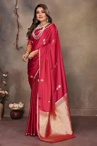 red satin silk blend floral & botanical motifs zari woven banarasi saree