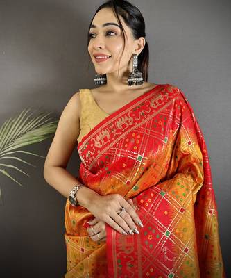 yellow & red soft silk blend geomatric zari woven patola saree 4