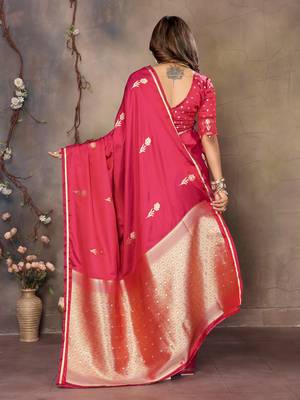red satin silk blend floral & botanical motifs zari woven banarasi saree 4