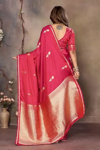 red satin silk blend floral & botanical motifs zari woven banarasi saree