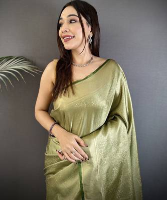 sage green satin silk blend floral motifs & ethnic silver zari design kanchipuram saree 5