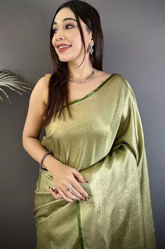 sage green satin silk blend floral motifs & ethnic silver zari design kanchipuram saree