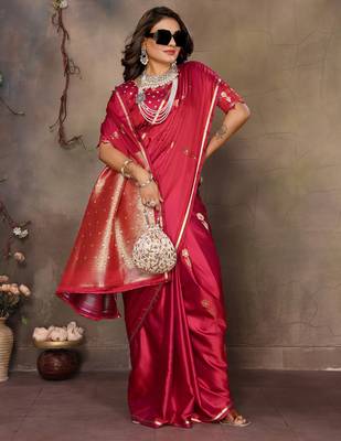 red satin silk blend floral & botanical motifs zari woven banarasi saree 5