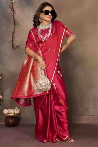 red satin silk blend floral & botanical motifs zari woven banarasi saree