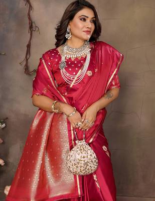 red satin silk blend floral & botanical motifs zari woven banarasi saree 6
