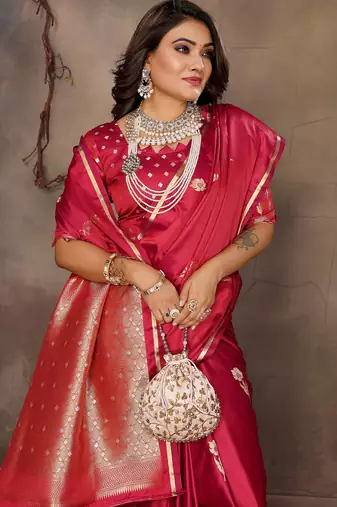 red satin silk blend floral & botanical motifs zari woven banarasi saree