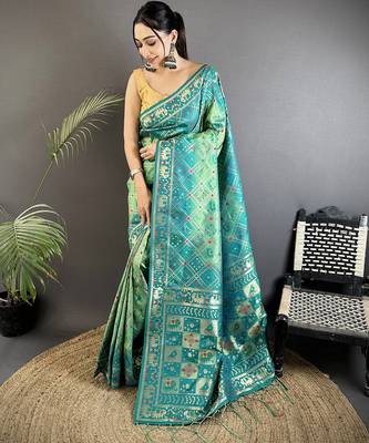 tuquoise soft silk blend geomatric zari woven patola saree 1