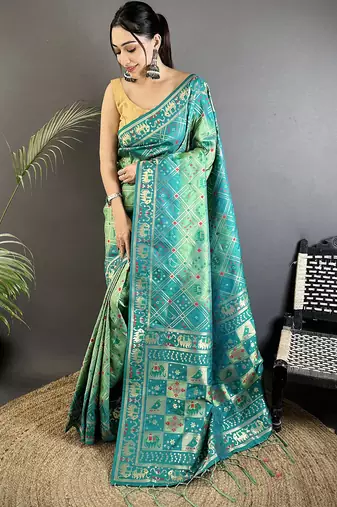 tuquoise soft silk blend geomatric zari woven patola saree