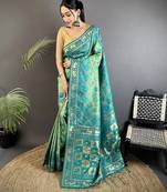 tuquoise soft silk blend geomatric zari woven patola saree
