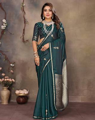 dark green satin silk blend floral & botanical motifs zari woven banarasi saree 1