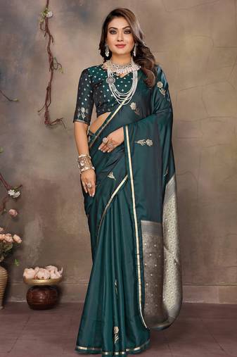 dark green satin silk blend floral & botanical motifs zari woven banarasi saree