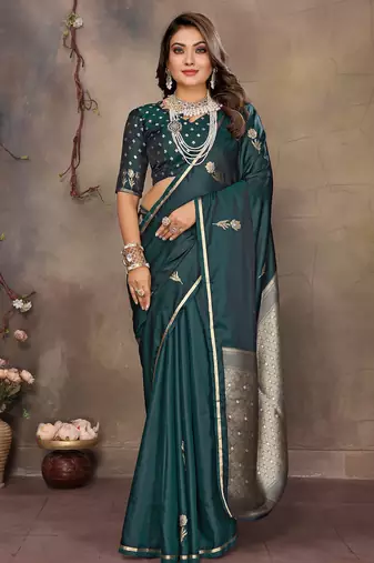 dark green satin silk blend floral & botanical motifs zari woven banarasi saree
