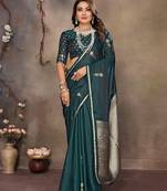dark green satin silk blend floral & botanical motifs zari woven banarasi saree