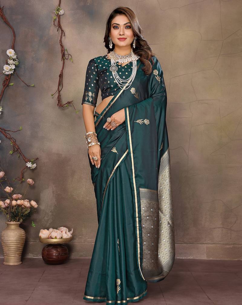 dark green satin silk blend floral & botanical motifs zari woven banarasi saree