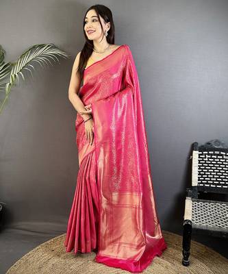 pink  satin silk blend floral motifs & ethnic silver zari design kanchipuram saree 1
