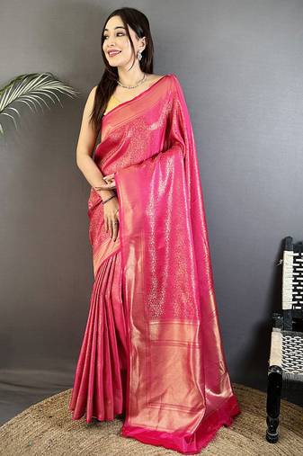 pink  satin silk blend floral motifs & ethnic silver zari design kanchipuram saree